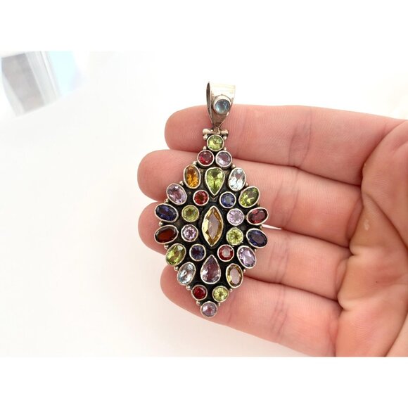 Rainbow Gemstone Art Deco Marquise Shaped Sterling Silver 925 Vintage Pendant - Picture 3 of 10